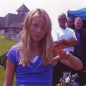 A young girl holding a monarch butterfly during a butterfly release at a funeral in York, PA