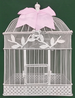 large white butterfly release cage with pink ribbon